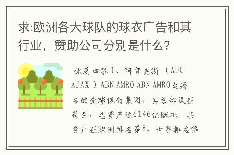 求:欧洲各大球队的球衣广告和其行业，赞助公司分别是什么？