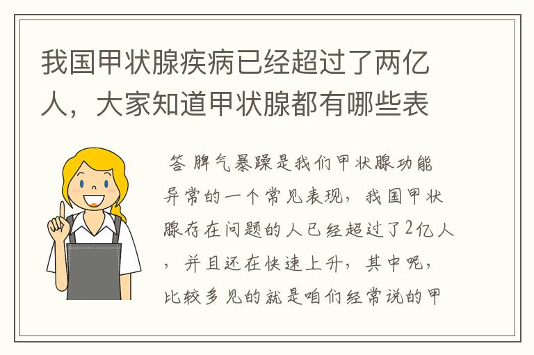 我国甲状腺疾病已经超过了两亿人，大家知道甲状腺都有哪些表现吗？