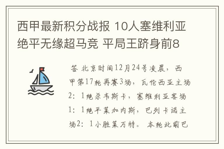 西甲最新积分战报 10人塞维利亚绝平无缘超马竞 平局王跻身前8