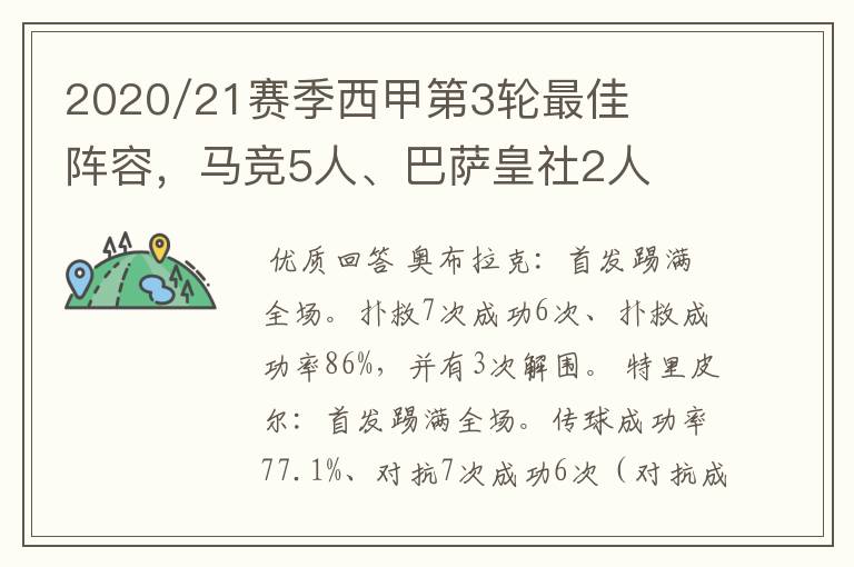 2020/21赛季西甲第3轮最佳阵容，马竞5人、巴萨皇社2人