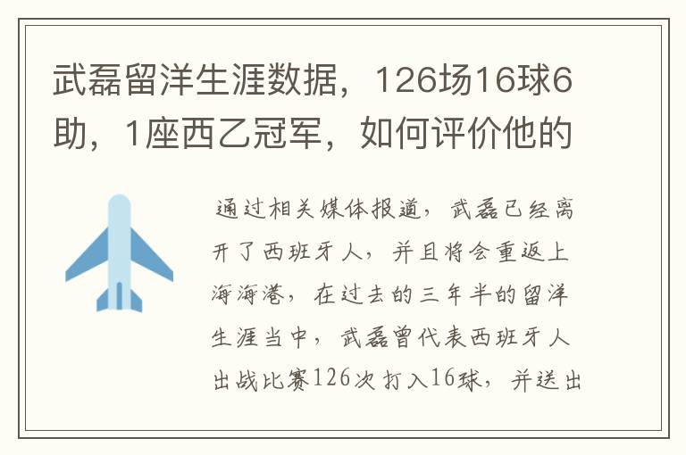 武磊留洋生涯数据，126场16球6助，1座西乙冠军，如何评价他的表现？