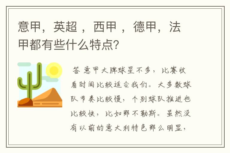 意甲，英超 ，西甲 ，德甲，法甲都有些什么特点？