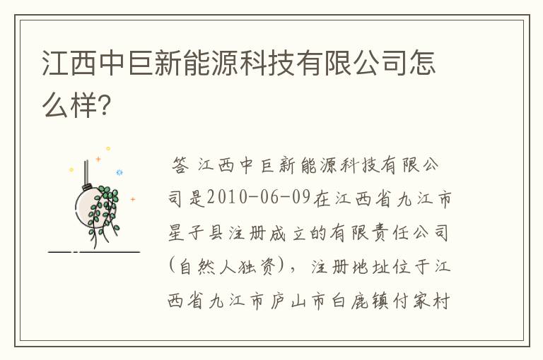 江西中巨新能源科技有限公司怎么样？