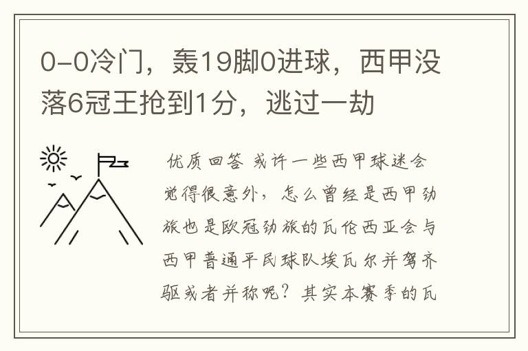 0-0冷门，轰19脚0进球，西甲没落6冠王抢到1分，逃过一劫