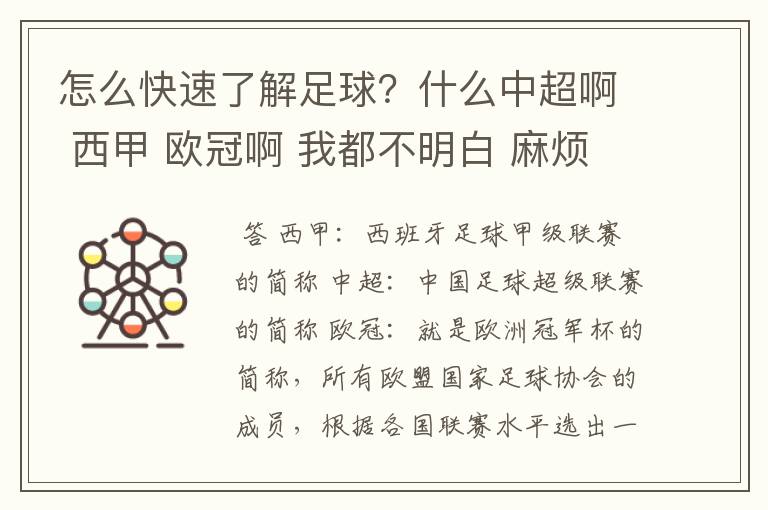 怎么快速了解足球？什么中超啊 西甲 欧冠啊 我都不明白 麻烦 有哪位特别了解足球的 跟我讲讲，多谢