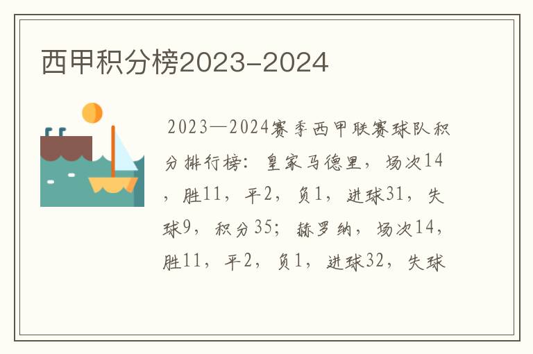 西甲积分榜2023-2024