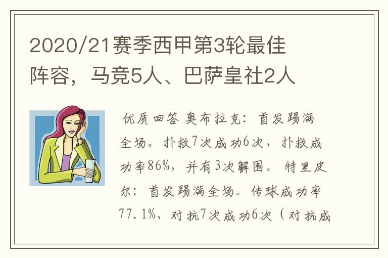 2020/21赛季西甲第3轮最佳阵容，马竞5人、巴萨皇社2人