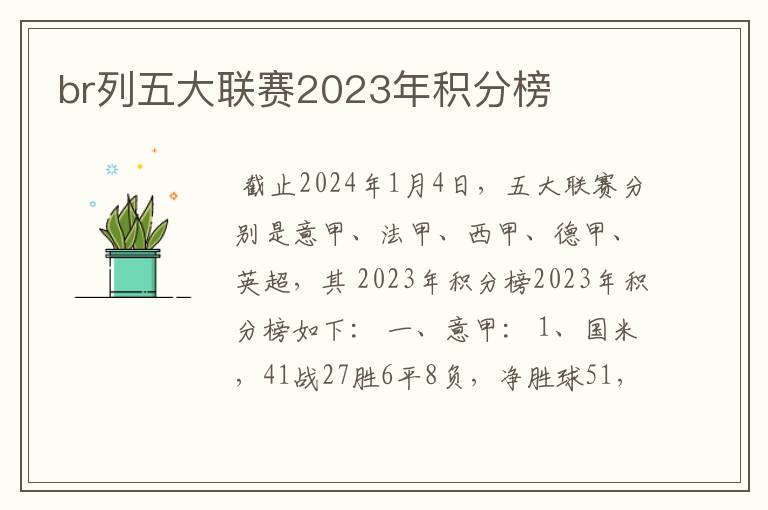 br列五大联赛2023年积分榜