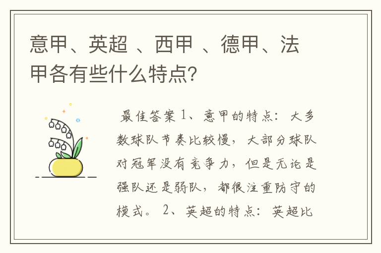 意甲、英超 、西甲 、德甲、法甲各有些什么特点？