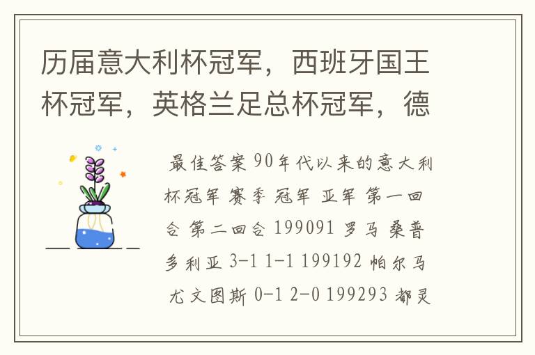 历届意大利杯冠军，西班牙国王杯冠军，英格兰足总杯冠军，德国杯冠军