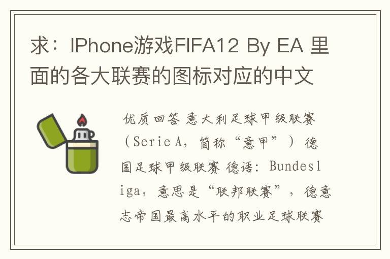 求：IPhone游戏FIFA12 By EA 里面的各大联赛的图标对应的中文名称 例如：Liga BBVA 西甲