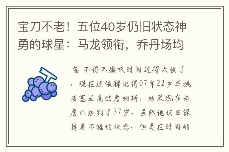 宝刀不老！五位40岁仍旧状态神勇的球星：马龙领衔，乔丹场均20+