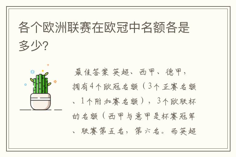 各个欧洲联赛在欧冠中名额各是多少？