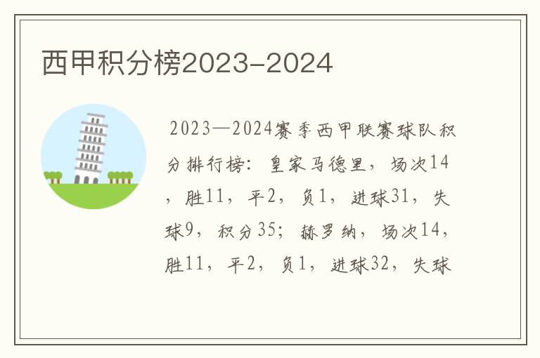 西甲积分榜2023-2024