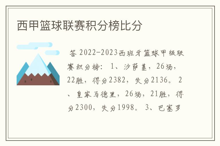 西甲篮球联赛积分榜比分