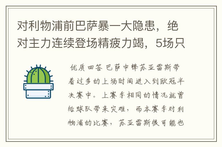 对利物浦前巴萨暴一大隐患，绝对主力连续登场精疲力竭，5场只1球