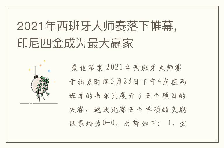 2021年西班牙大师赛落下帷幕，印尼四金成为最大赢家