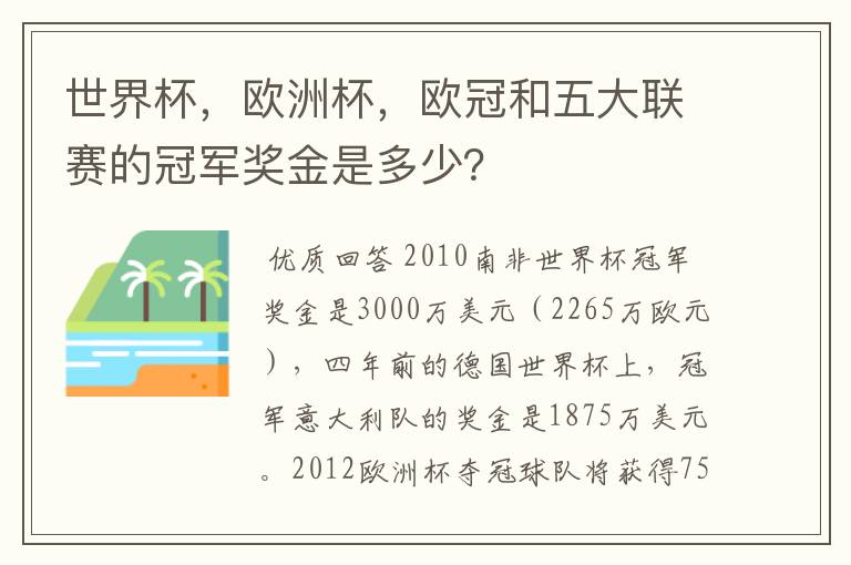 世界杯，欧洲杯，欧冠和五大联赛的冠军奖金是多少？