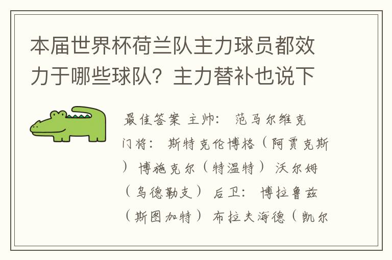 本届世界杯荷兰队主力球员都效力于哪些球队？主力替补也说下！