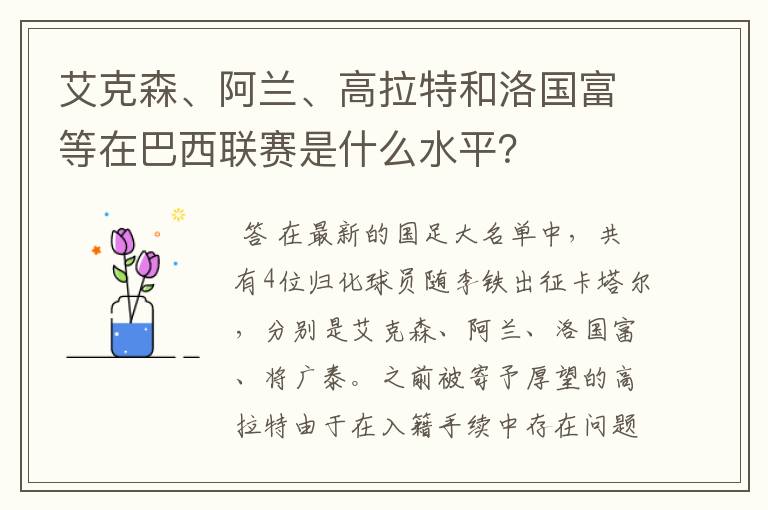 艾克森、阿兰、高拉特和洛国富等在巴西联赛是什么水平？