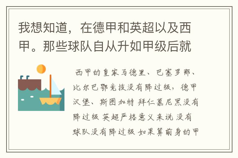 我想知道，在德甲和英超以及西甲。那些球队自从升如甲级后就从没有降过级？