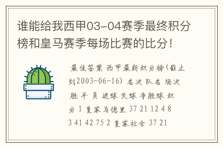 谁能给我西甲03-04赛季最终积分榜和皇马赛季每场比赛的比分！