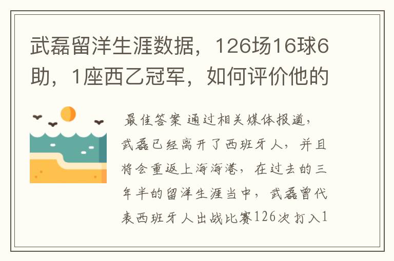 武磊留洋生涯数据，126场16球6助，1座西乙冠军，如何评价他的表现？