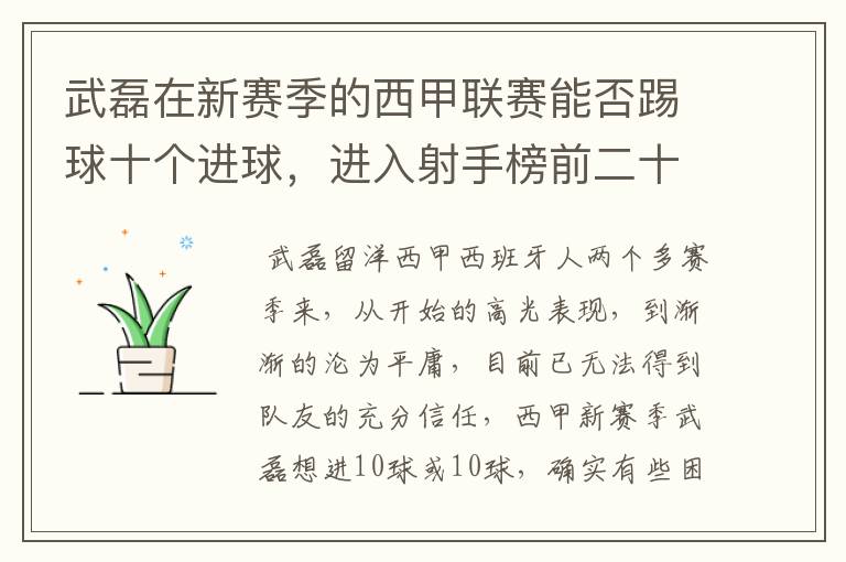 武磊在新赛季的西甲联赛能否踢球十个进球，进入射手榜前二十？