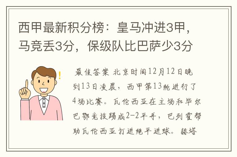 西甲最新积分榜：皇马冲进3甲，马竞丢3分，保级队比巴萨少3分