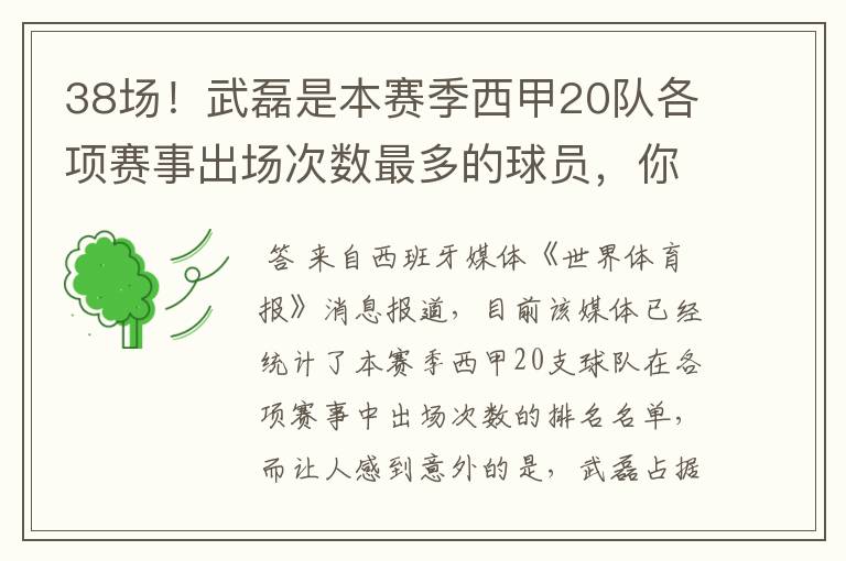 38场！武磊是本赛季西甲20队各项赛事出场次数最多的球员，你怎么看？