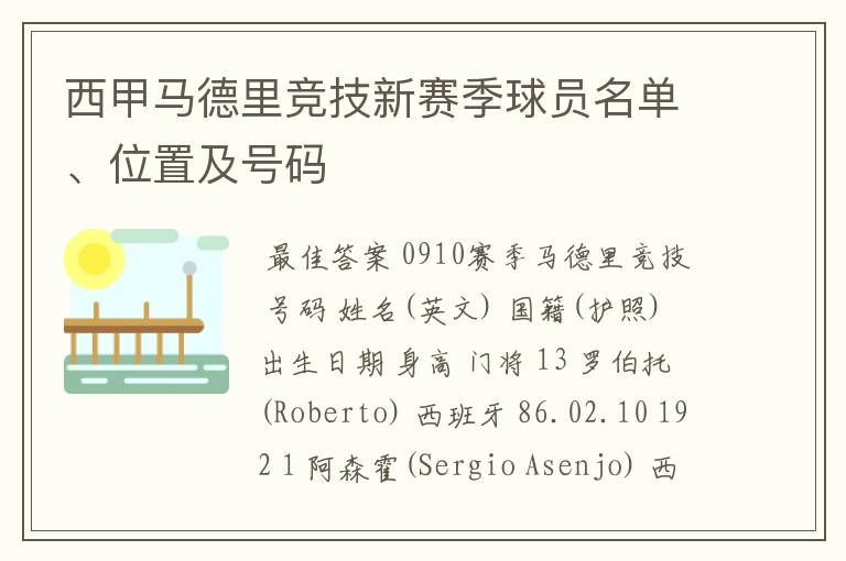 西甲马德里竞技新赛季球员名单、位置及号码