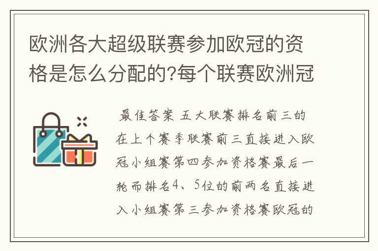 欧洲各大超级联赛参加欧冠的资格是怎么分配的?每个联赛欧洲冠军杯参赛队