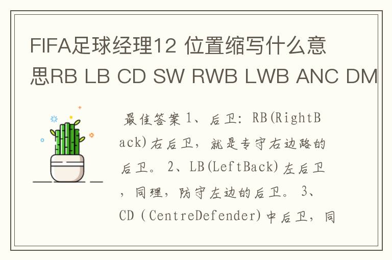 FIFA足球经理12 位置缩写什么意思RB LB CD SW RWB LWB ANC DM RM LM CM RW LW AM CF ST。