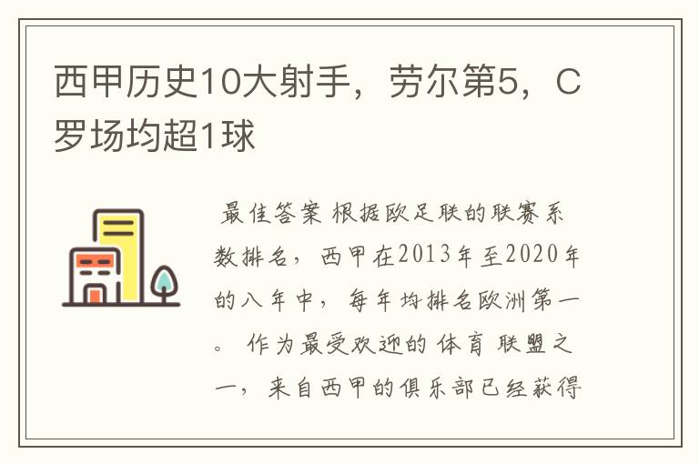 西甲历史10大射手，劳尔第5，C罗场均超1球