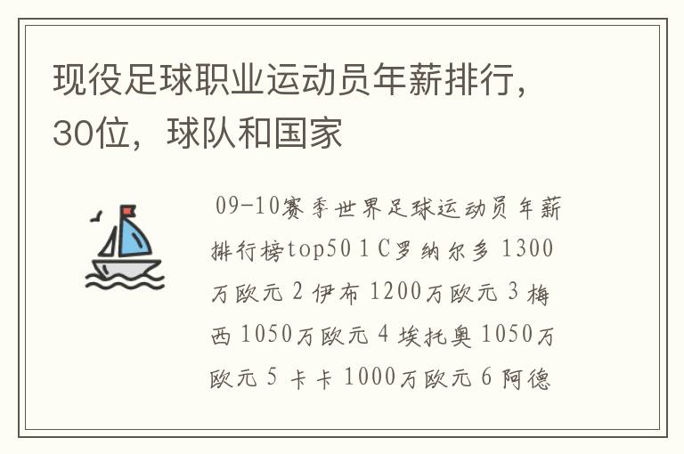 现役足球职业运动员年薪排行，30位，球队和国家