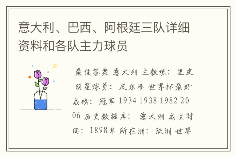 意大利、巴西、阿根廷三队详细资料和各队主力球员