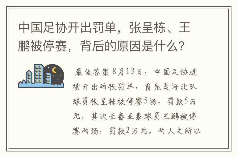 中国足协开出罚单，张呈栋、王鹏被停赛，背后的原因是什么？