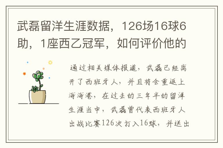 武磊留洋生涯数据，126场16球6助，1座西乙冠军，如何评价他的表现？