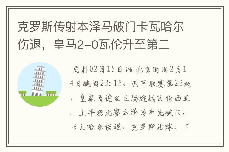 克罗斯传射本泽马破门卡瓦哈尔伤退，皇马2-0瓦伦升至第二