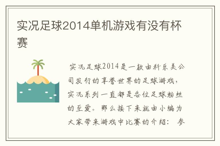 实况足球2014单机游戏有没有杯赛