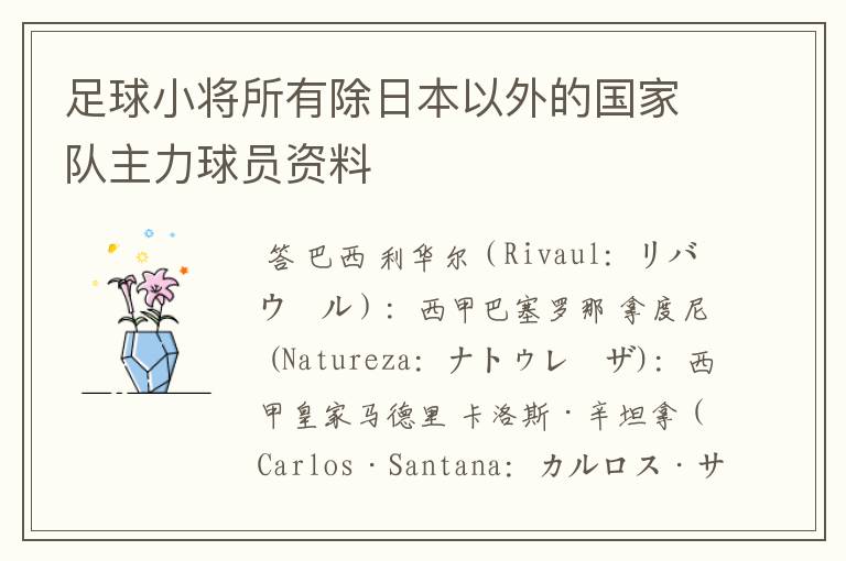 足球小将所有除日本以外的国家队主力球员资料