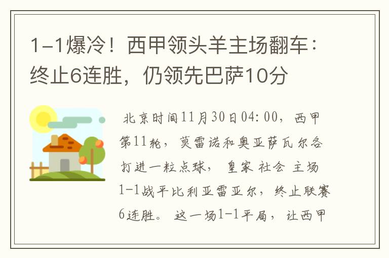 1-1爆冷！西甲领头羊主场翻车：终止6连胜，仍领先巴萨10分