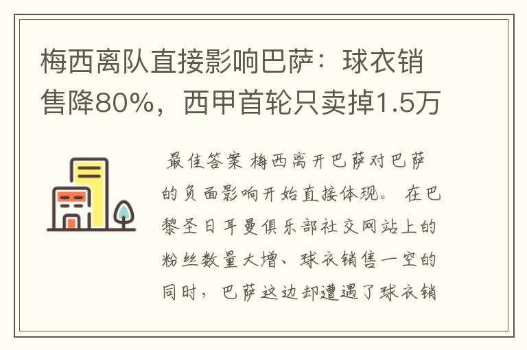 梅西离队直接影响巴萨：球衣销售降80%，西甲首轮只卖掉1.5万球票