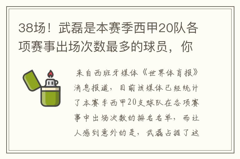 38场！武磊是本赛季西甲20队各项赛事出场次数最多的球员，你怎么看？