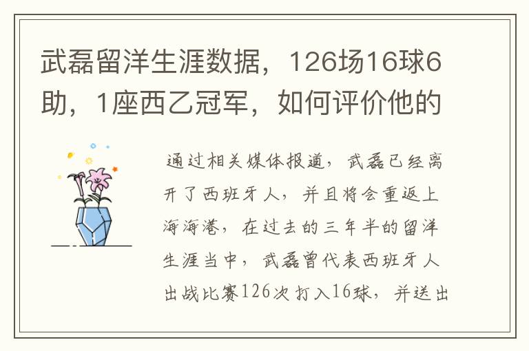 武磊留洋生涯数据，126场16球6助，1座西乙冠军，如何评价他的表现？