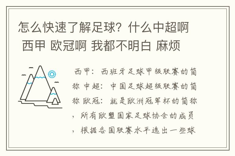 怎么快速了解足球？什么中超啊 西甲 欧冠啊 我都不明白 麻烦 有哪位特别了解足球的 跟我讲讲，多谢