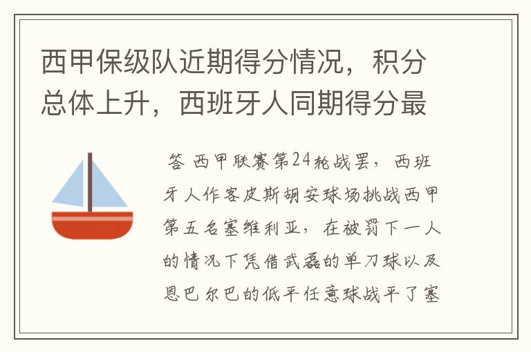 西甲保级队近期得分情况，积分总体上升，西班牙人同期得分最高