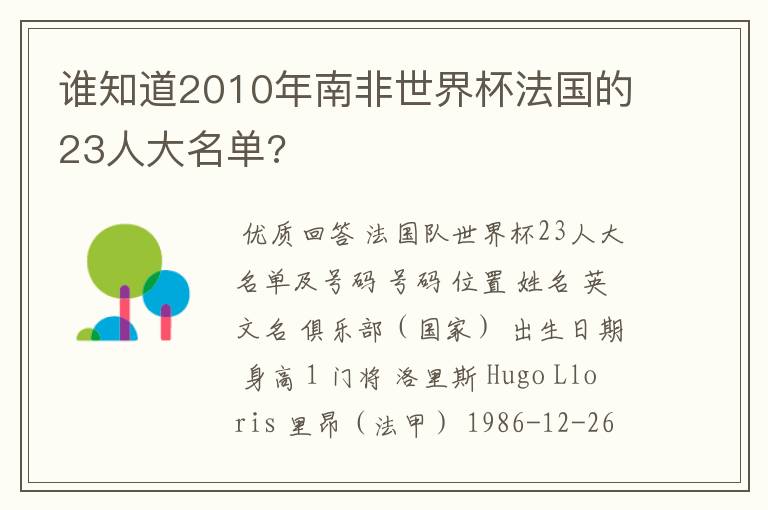 谁知道2010年南非世界杯法国的23人大名单?