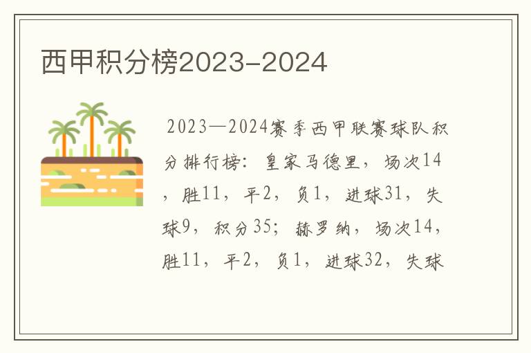 西甲积分榜2023-2024