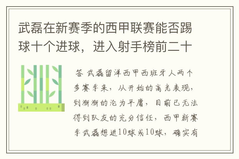 武磊在新赛季的西甲联赛能否踢球十个进球，进入射手榜前二十？